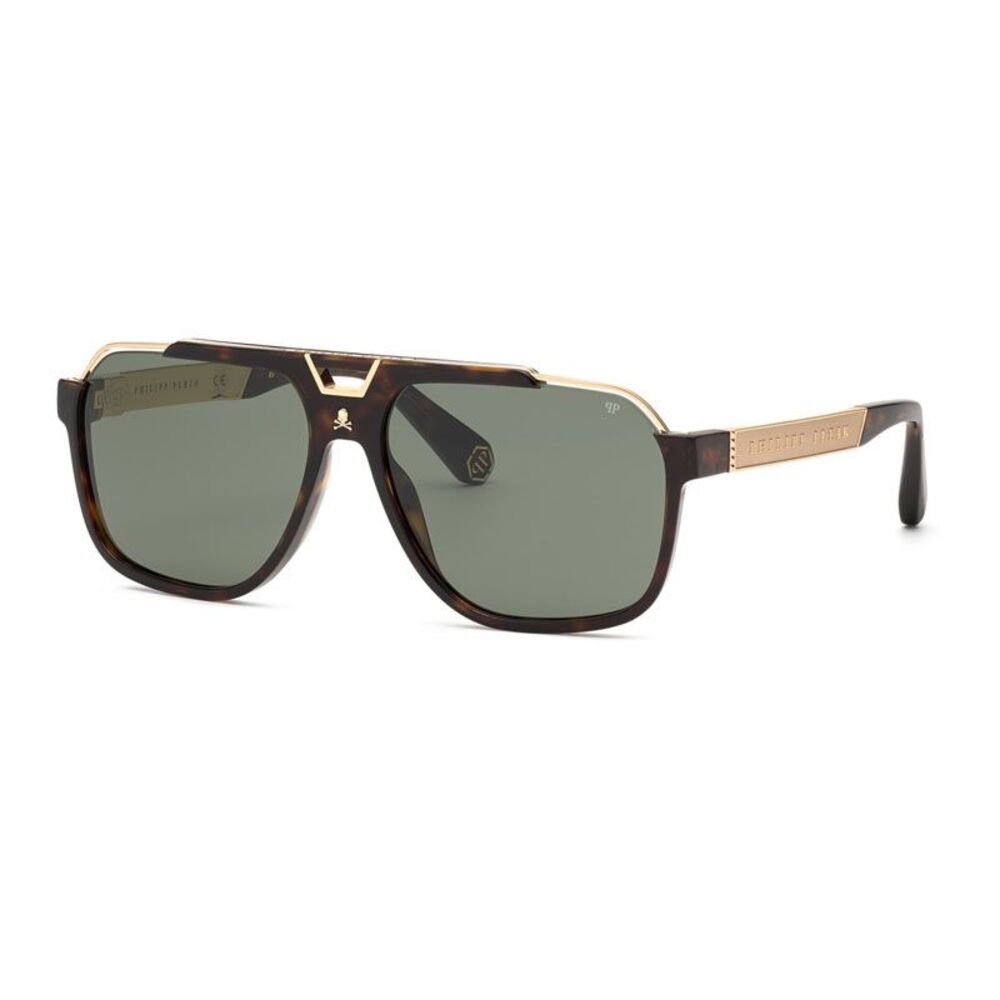 Philipp Plein Sunglasses Aviator Full Rim, Shiny Havana Frame and Green Lens